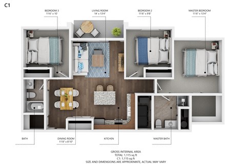 Floor plan for 3 beds, 2 baths, 1115 sqft